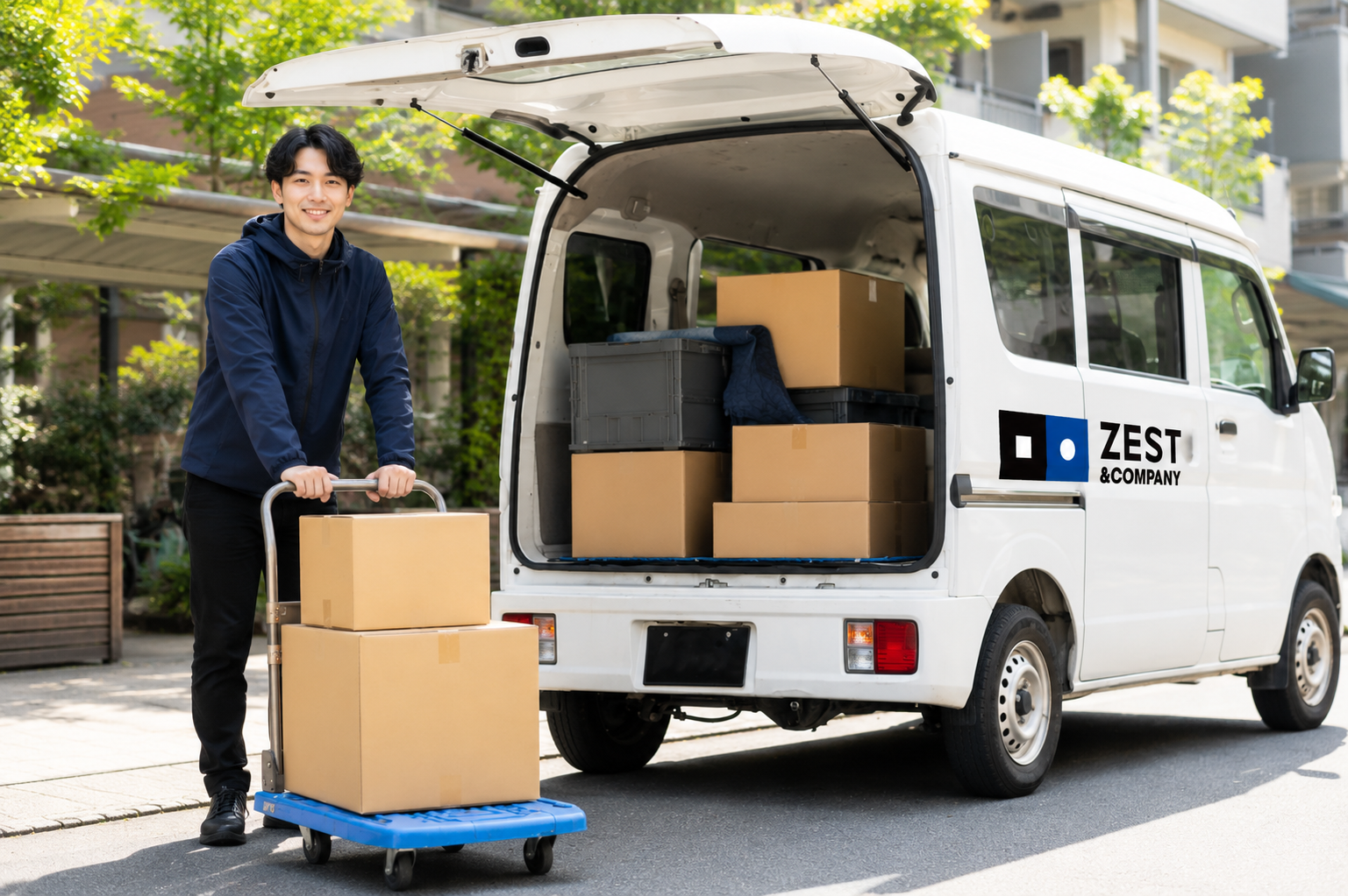 ZEST&COMPANYの軽バンと配達ドライバー